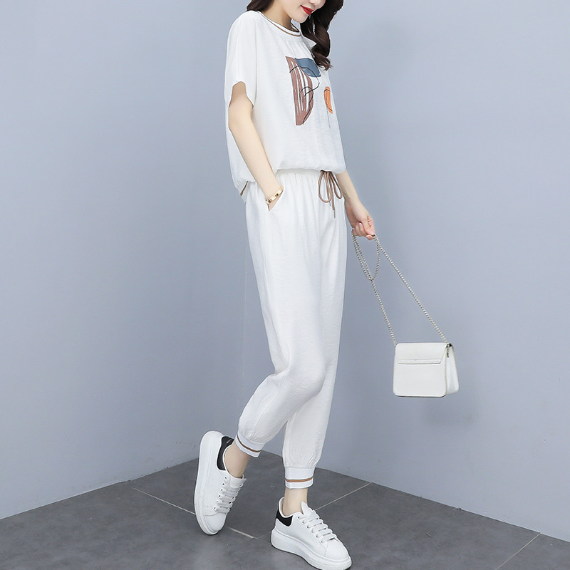 运动休闲套装女夏季2021新款洋气印花卫衣裤小个子减龄运动两件套