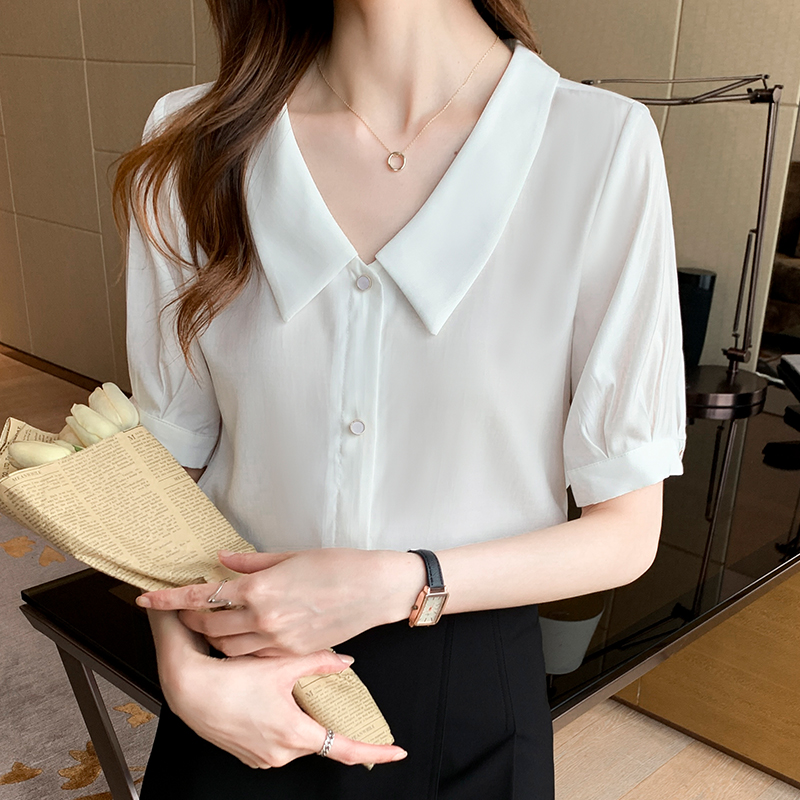 实拍娃娃领雪纺衬衫短袖女装夏装2021年新款潮夏季显瘦遮肚子上衣