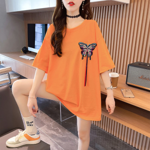 RM3194#夏装韩版宽松重工刺绣蝴蝶大码女装中长款短袖T恤女