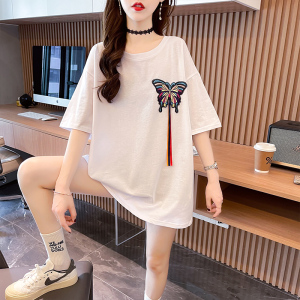 RM3194#夏装韩版宽松重工刺绣蝴蝶大码女装中长款短袖T恤女