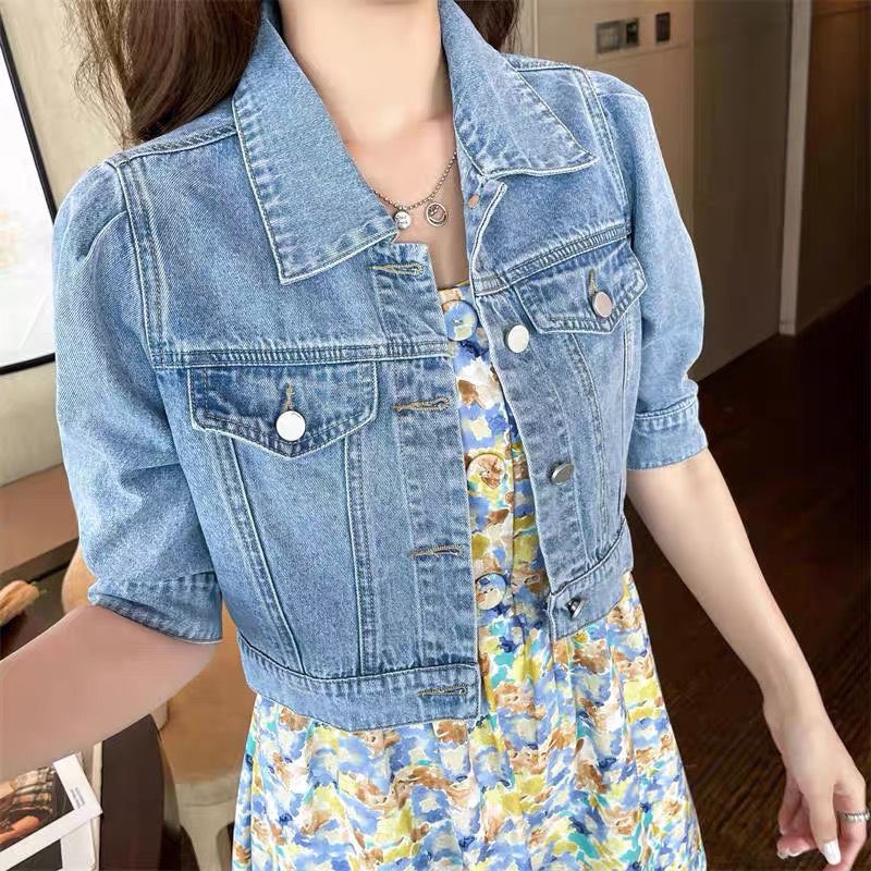 现货  夏2021韩版宽松小个子复古泡泡袖薄款牛仔时尚短款外套上衣