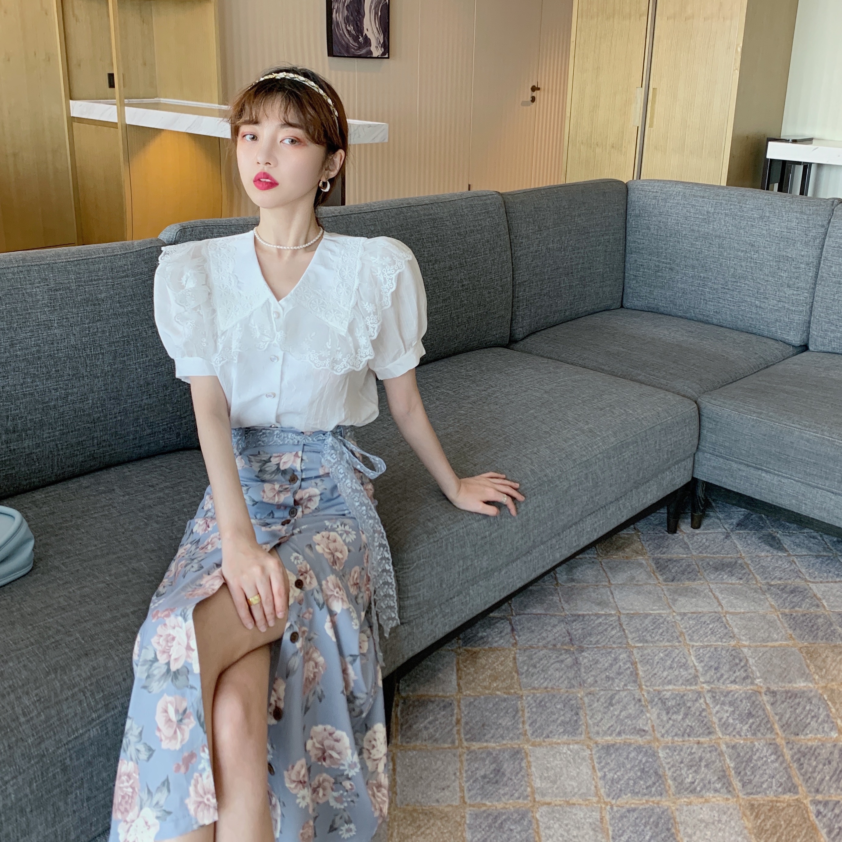 实拍实价 夏季复古蕾丝花边碎花系带半身裙设计感小众长裙