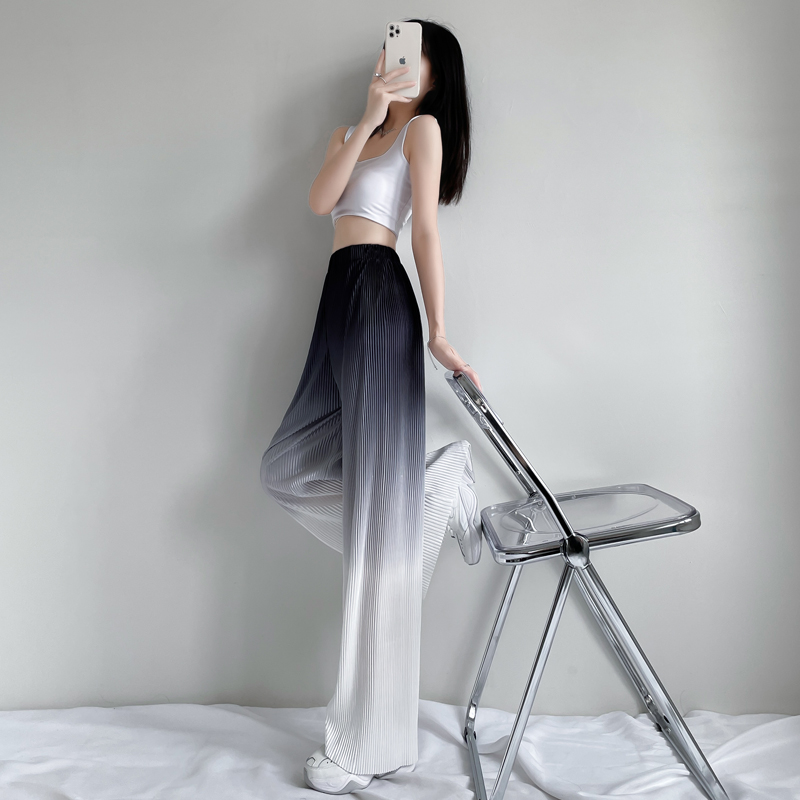 实拍渐变色冰丝阔腿裤女裤夏季薄款高腰垂感休闲直筒拖地裤长裤