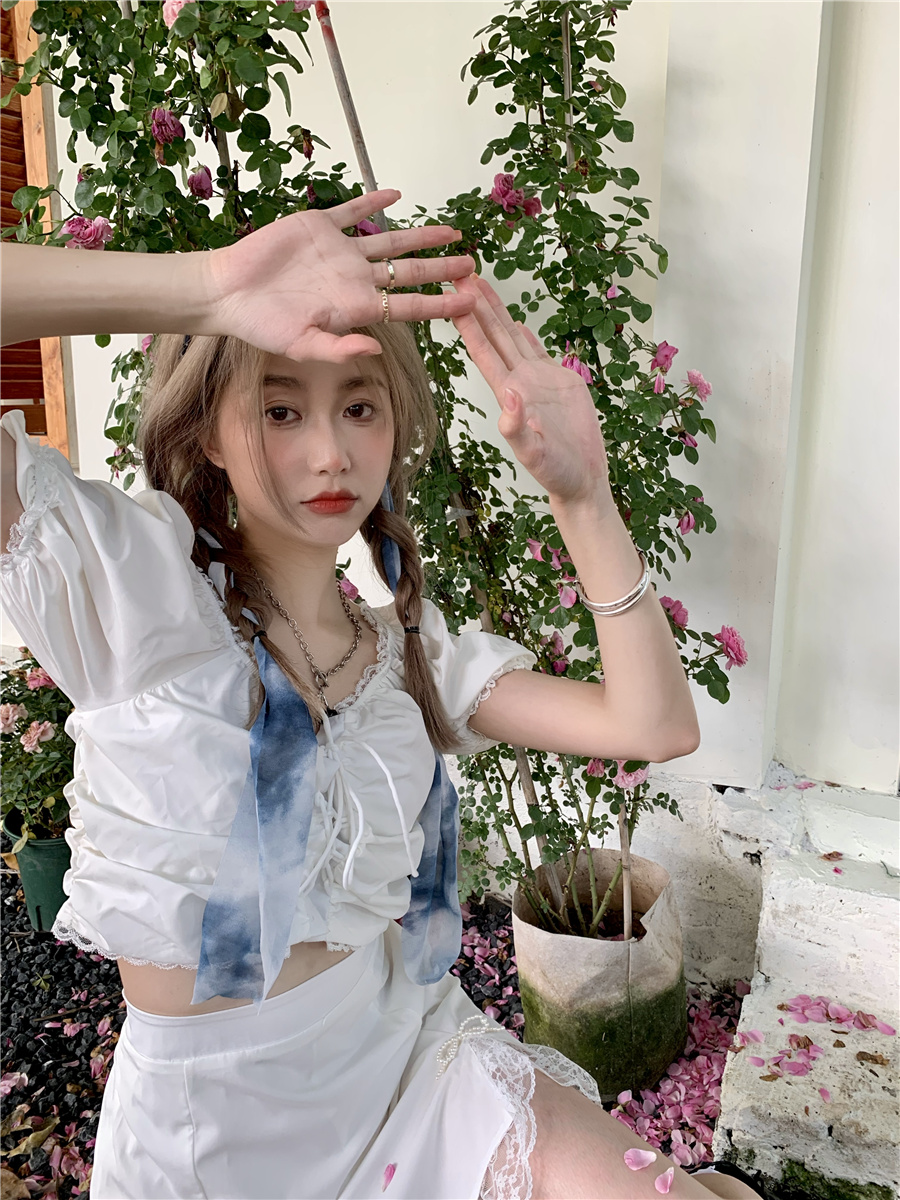 实拍实价！时尚洋气小个子网红甜酷炸街套装女泡泡袖上衣开叉短裙