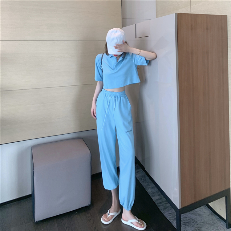 6535套装女2021夏季新款白色短袖T恤上衣抽绳束脚长裤两件套