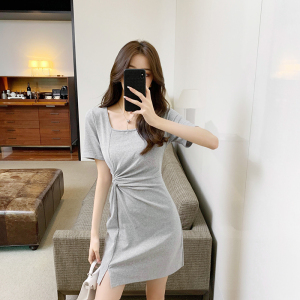 RM18539#时尚方领韩版连衣裙2021新款设计感扭结开叉收腰显瘦A字裙