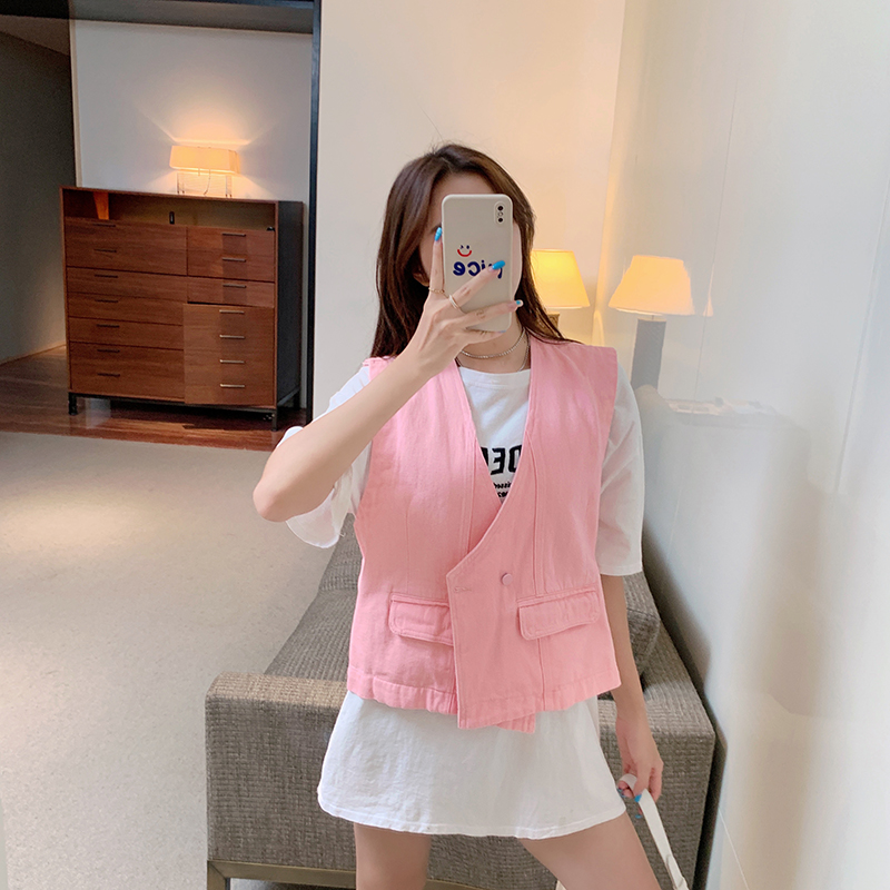 实拍 韩版外穿牛仔马甲背心女新款宽松外搭无袖短款牛仔小马夹