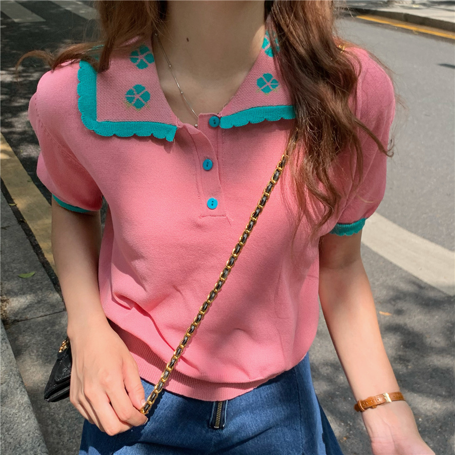 实拍实价！小香风法式POLO领短款学院减龄拼色领短袖针织衫