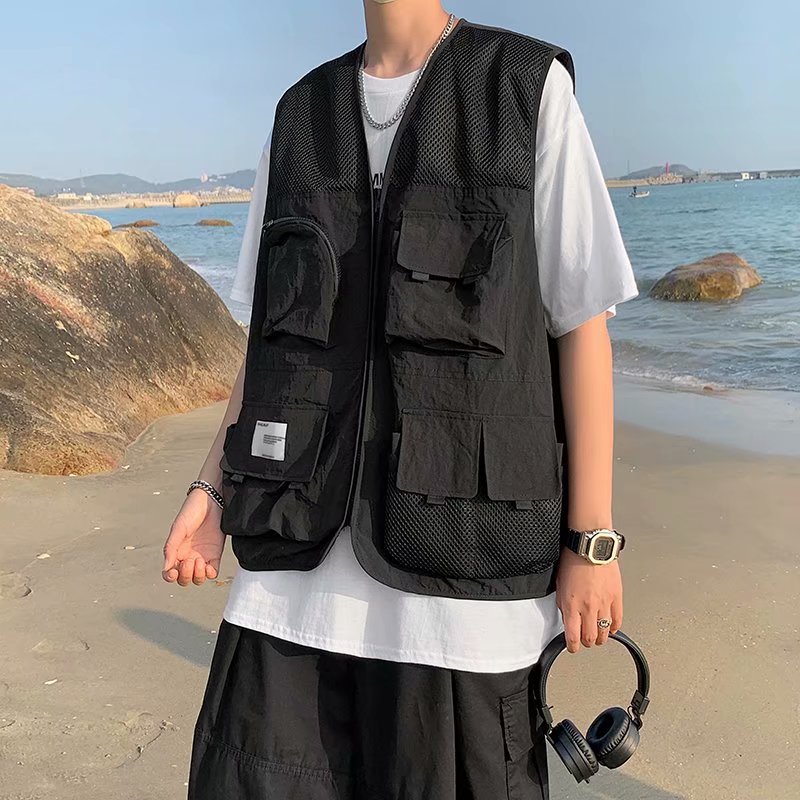 实拍工装夹克背心男潮牌个性夏季机能风薄款马甲ins宽松坎肩上衣