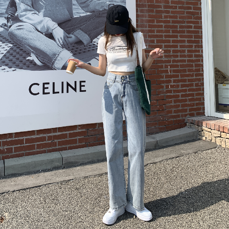 实拍薄款高腰牛仔长裤女夏季2021年新款韩版宽松垂感直筒拖地裤子