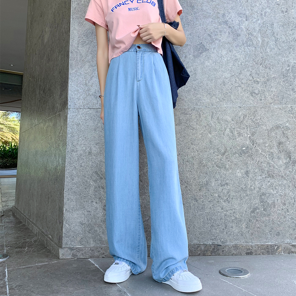 实拍 天丝牛仔裤女夏天高腰小个子夏季薄款裤子阔腿直筒冰丝九分