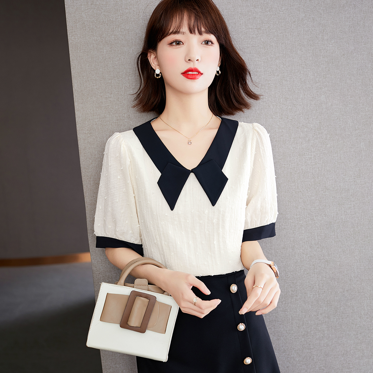 实拍◆◆2021夏新款遮肚子雪纺衬衫新款潮短袖很仙的上衣气质小衫