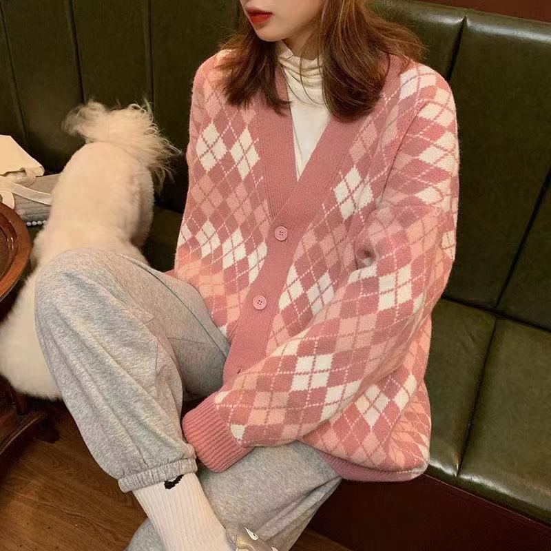 Autumn 2021 new loose and lazy style sweater coat, rhomboid thickened knitted cardigan