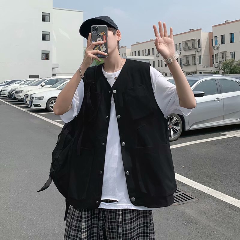 实拍夏季日系多口袋工装马甲男外穿坎肩背心复古个性宽松薄款外套