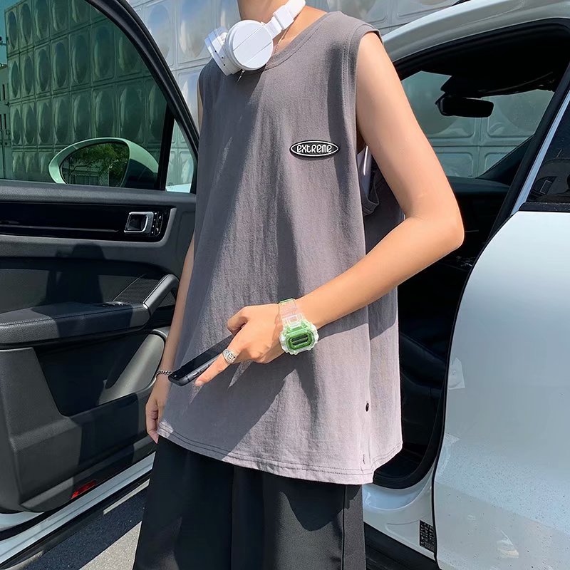实拍运动背心男士ins潮夏季薄款宽松坎肩篮球上衣个性排扣无袖t恤