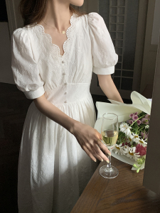 PS20951# 泡泡袖白色连衣裙女夏季新法式仙女裙中长款收腰显瘦初恋裙子