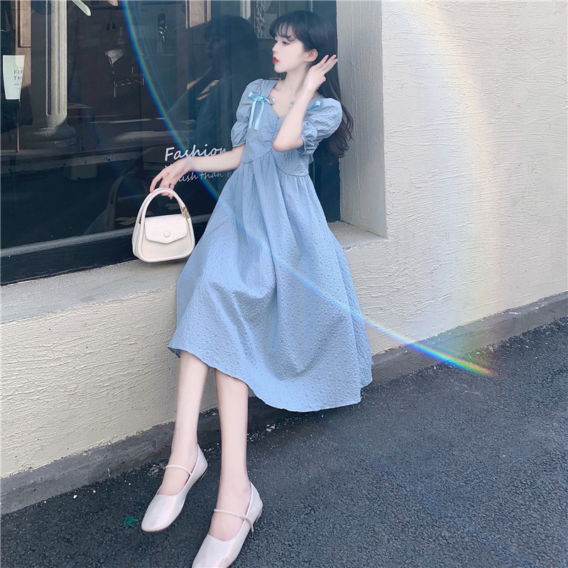 9751# 韩版甜美气质泡泡短袖露背连衣裙双蝴蝶结系带显瘦长裙夏