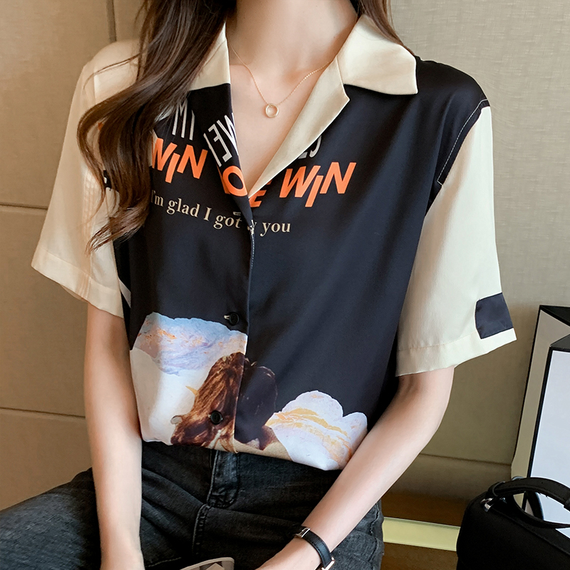 实拍2021夏新款高街潮酷抽象图案印花翻领宽松箱型衬衣