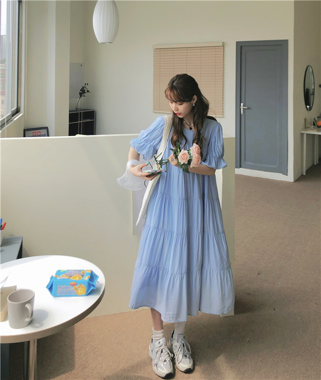 实拍 实价 小心机后背系设计压褶收腰泡泡袖连衣裙