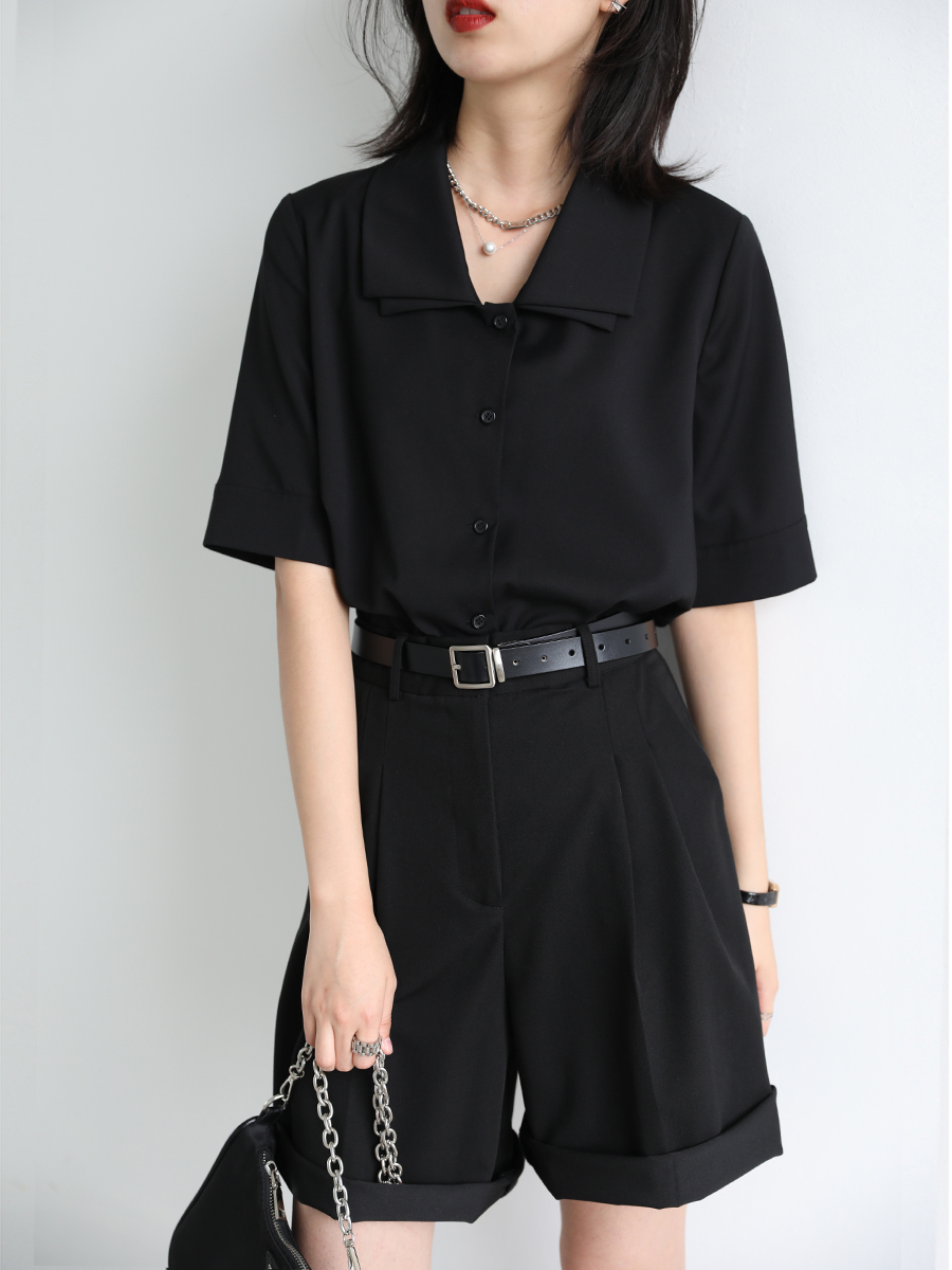 CHICVEN关于未来设计感小众双层领纯色短袖衬衫上衣气质衬衣