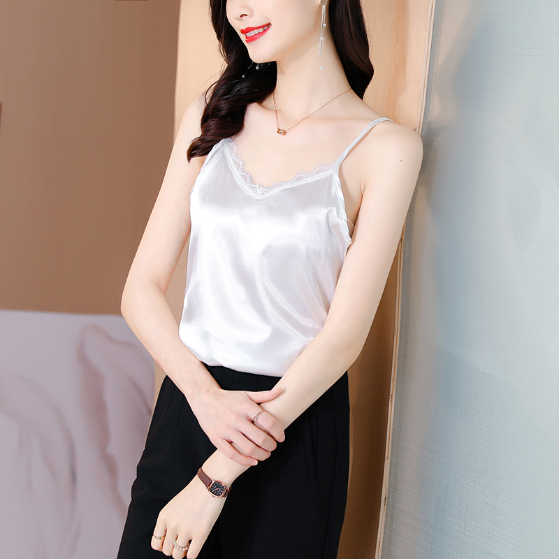 蕾丝美背吊带背心女内搭冰丝夏季小西装外穿打底真丝白色大码上衣