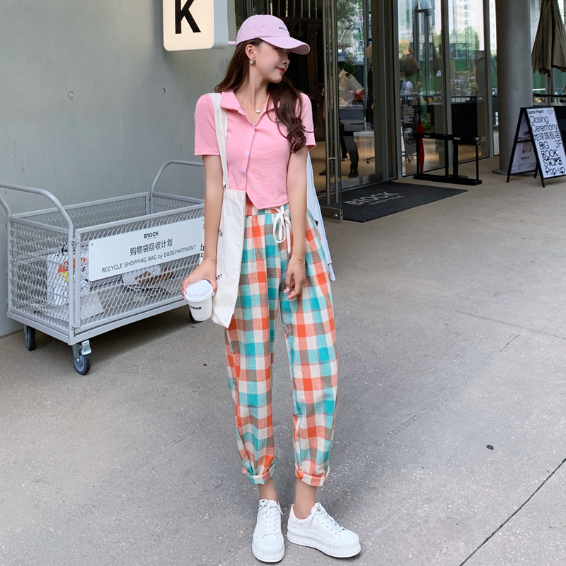 韩国夏季潮流女装休闲裤复古格子裤宽松棉麻舒适九分裤