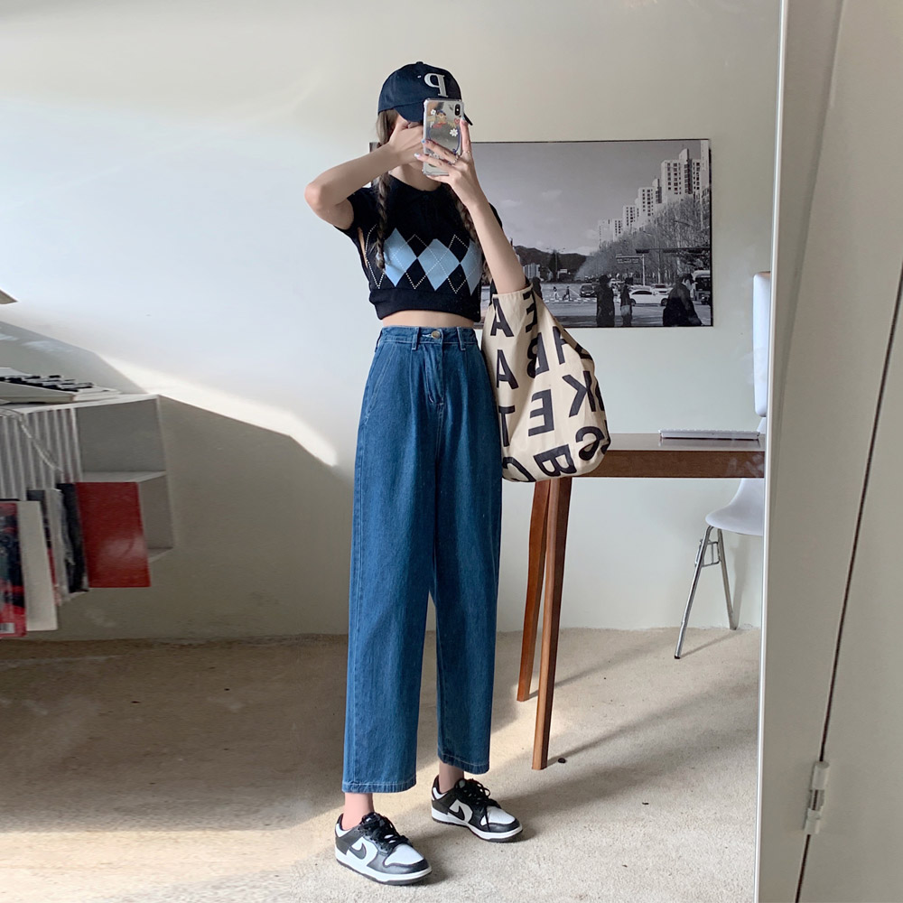 实拍 2021年新款小个子高腰显瘦牛仔裤女夏直筒宽松阔腿裤香蕉裤