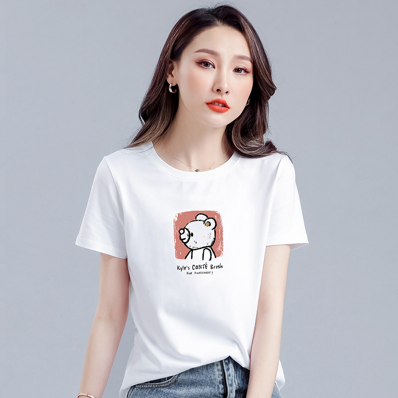 常规短袖实拍2021夏新款印花动物简约时尚t恤女100%棉韩版宽松