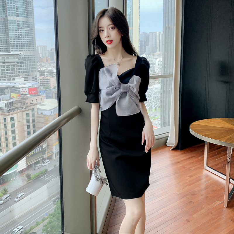 实拍高端气质名媛泡泡袖连衣裙女2021夏季新款修身包臀高腰显瘦女