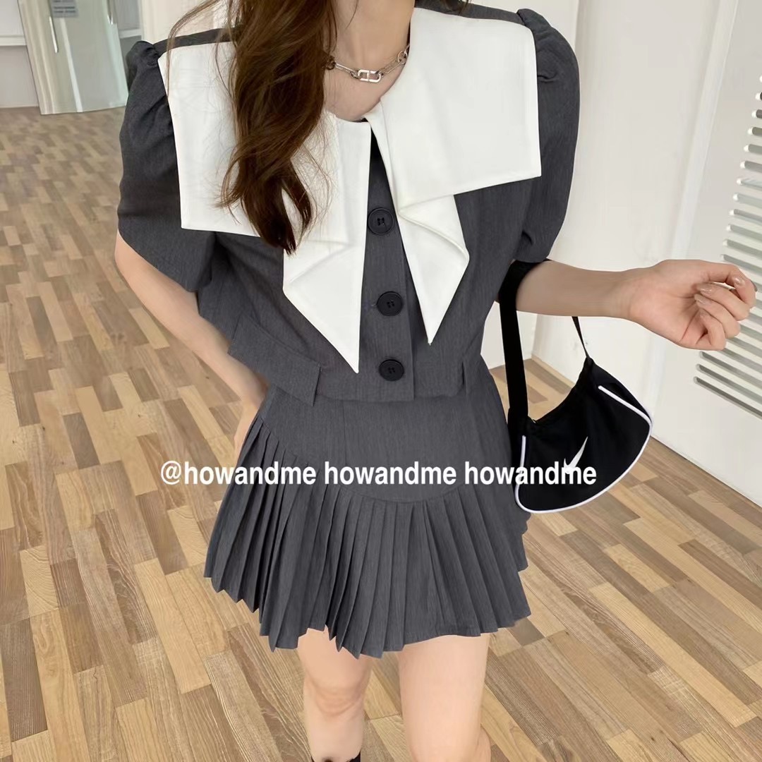 howandme韩版时尚尖领短袖西装短外套+高腰百褶裙气质学院风套装