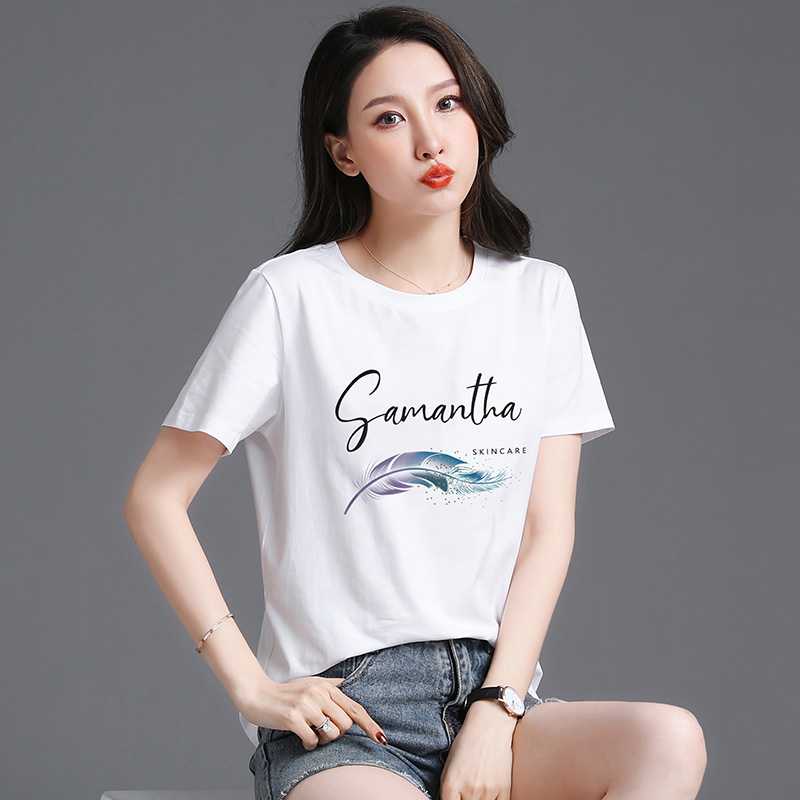 常规短袖实拍2021夏新款印花羽毛简约时尚t恤女100%棉韩版宽松