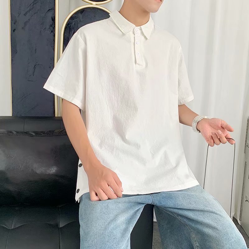 实拍五分袖男新款休闲夏季简约文艺POLO衫慵懒日系青春流行潮直筒