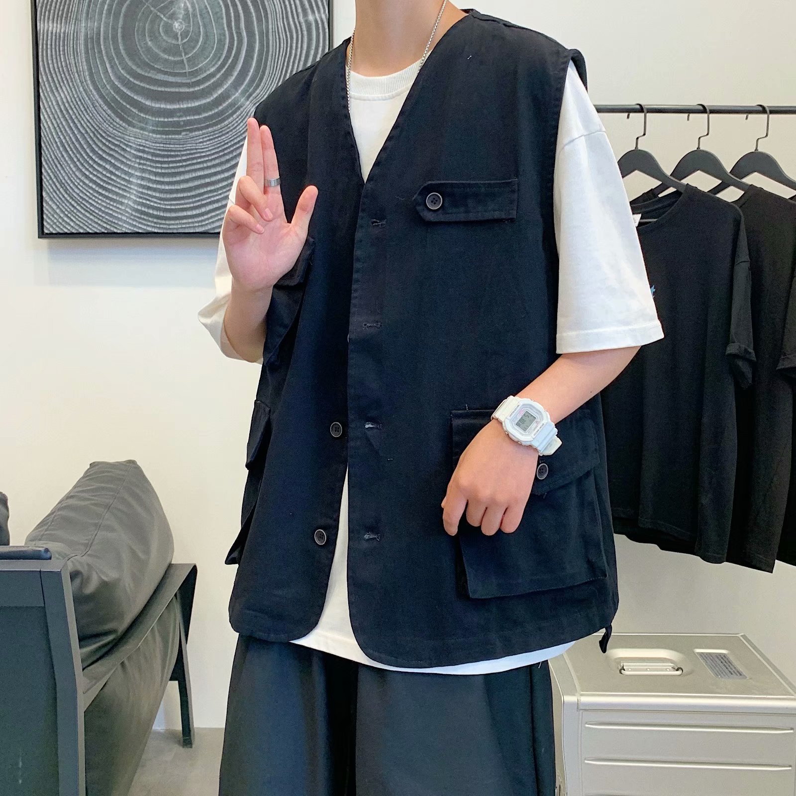实拍男马甲原宿文艺流行新款简约西装领宽松气质休闲ins日系时尚
