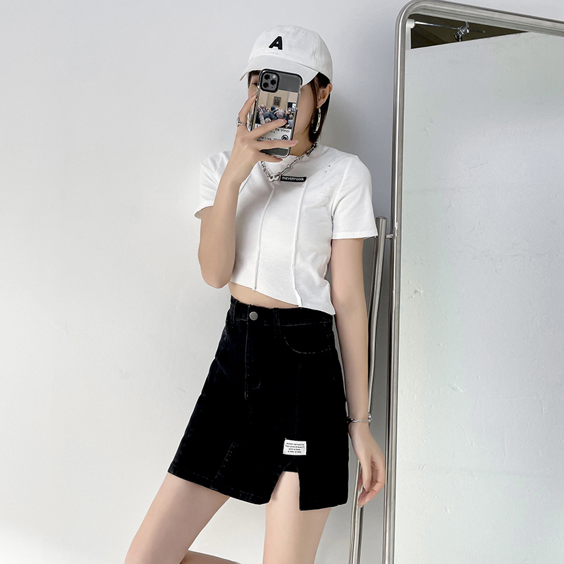 实拍2021夏季新款牛仔半身裙女韩版高腰弹力开叉防走光A字包臀裙