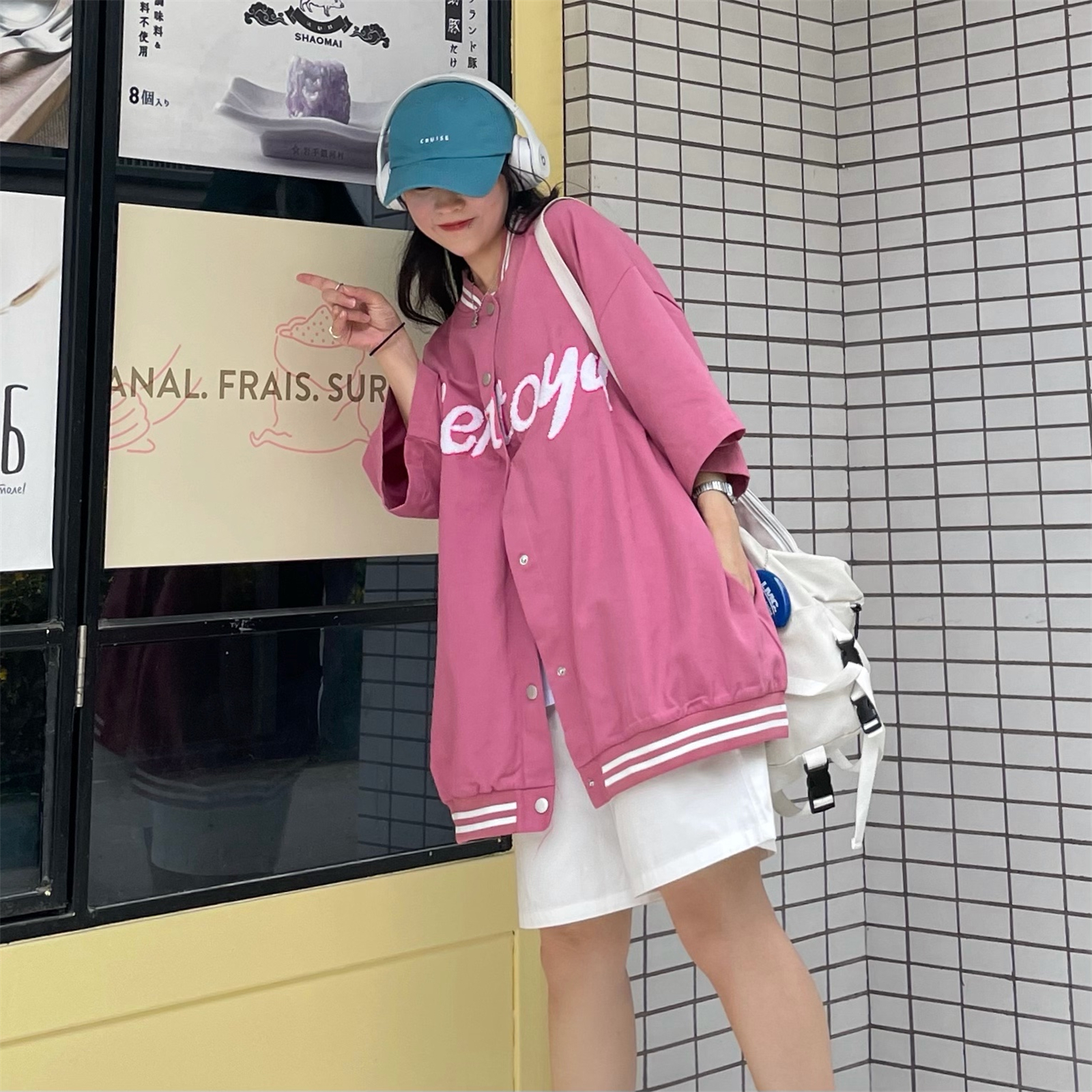 自制实拍~韩国ins棒球短袖外套刺绣日韩街头宽松oversize百搭上衣