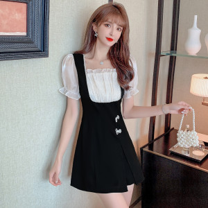 French square neck pearl bow mesh stitching fashion suit dress
