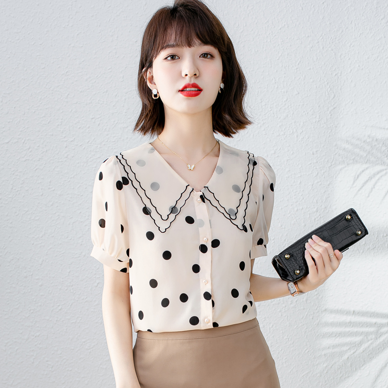 2021夏季新款娃娃领短袖雪纺衫女上衣衬衫波点遮肚子显瘦大码洋气