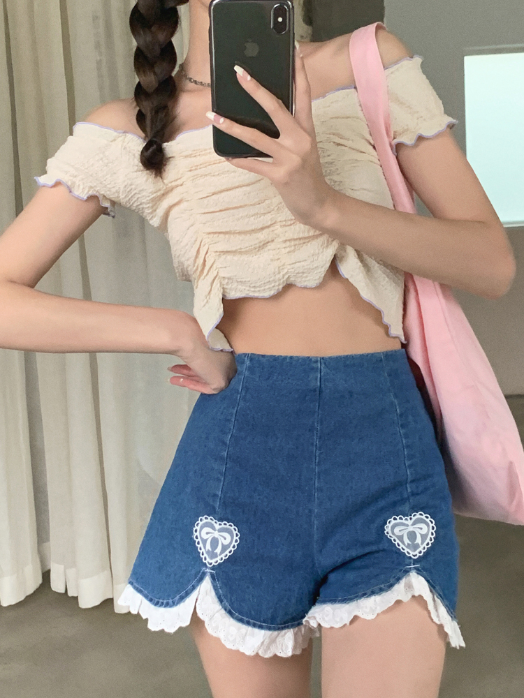 实拍 辣妹蕾丝边蓝色牛仔短裤女2021年新款夏季高腰显瘦a字阔腿裤