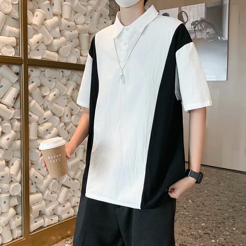 实拍翻领休闲polo衫设计感拼接短袖t恤男夏宽松韩版ins潮复古港味