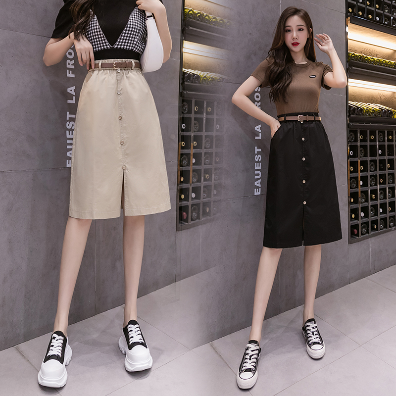 松紧腰中长款半身裙女高腰夏季韩版宽松开叉直筒显瘦过膝一步长裙