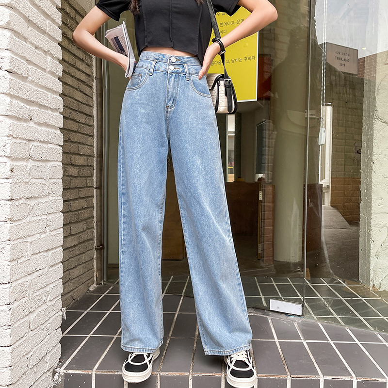 实拍  高腰阔腿牛仔裤女夏薄2021年新款宽松显瘦垂感拖地裤藏腿形