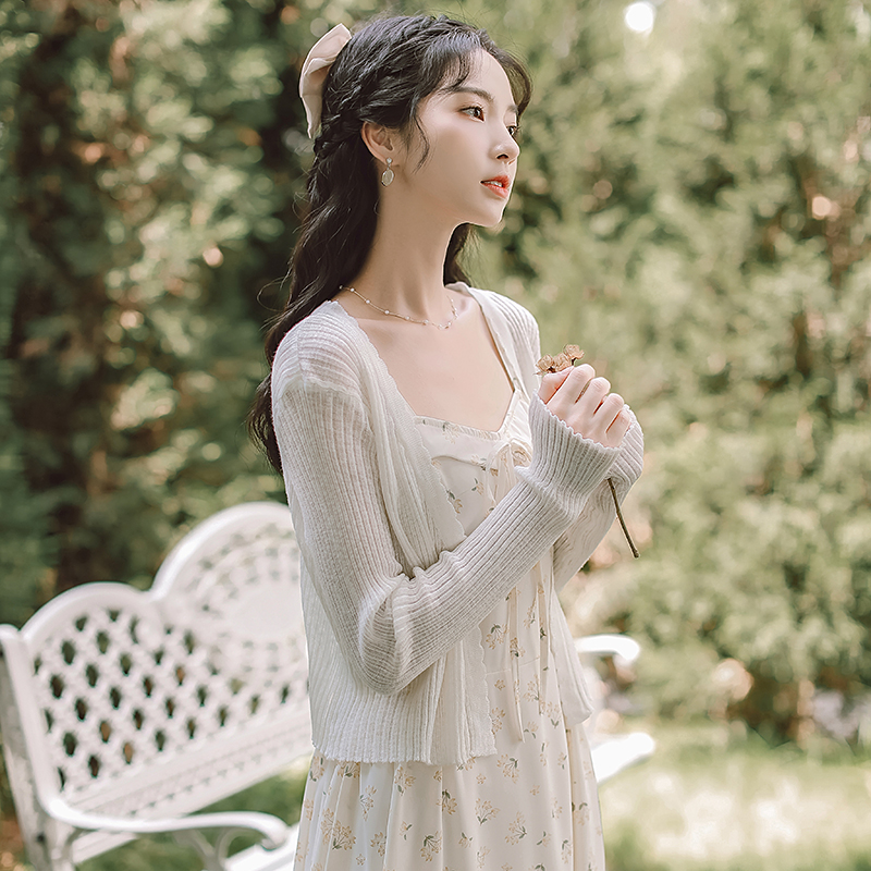 夏季短款V领针织开衫女薄款纯色韩版休闲微透防晒上衣