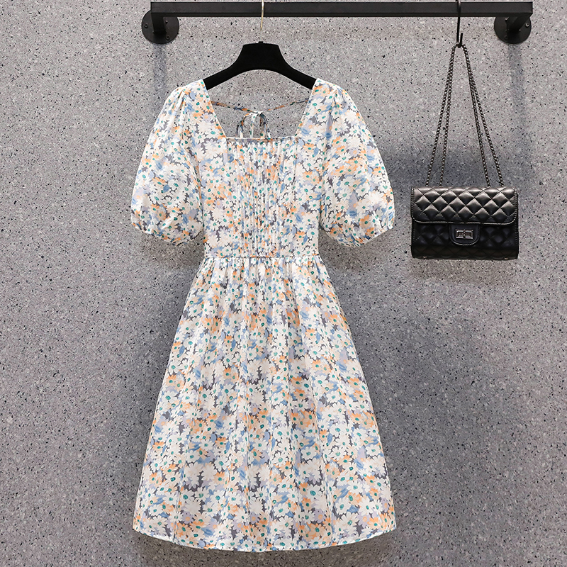 实拍~大码女装2021新款甜美方领碎花娃娃裙法式桔梗裙短袖连衣裙