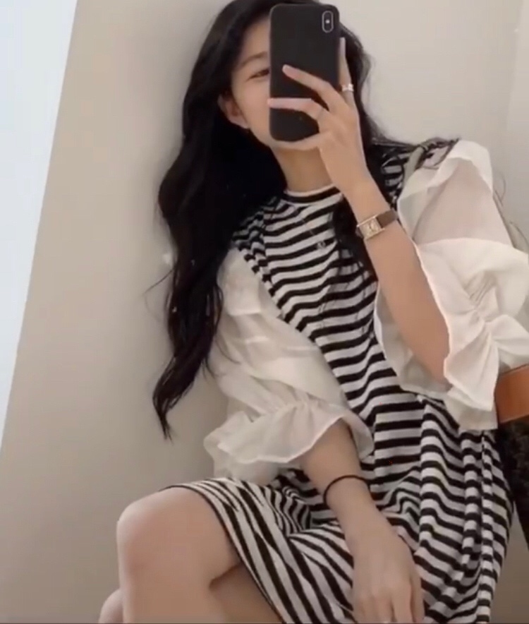 韩国chic夏季新款设计感港风百搭雪纺拼接连衣裙