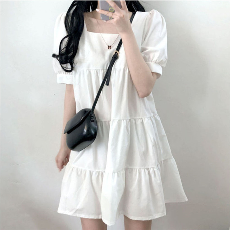 泡泡袖方领小清新套头A字裙 2021韩版宽松拼接中长大摆亚麻连衣裙