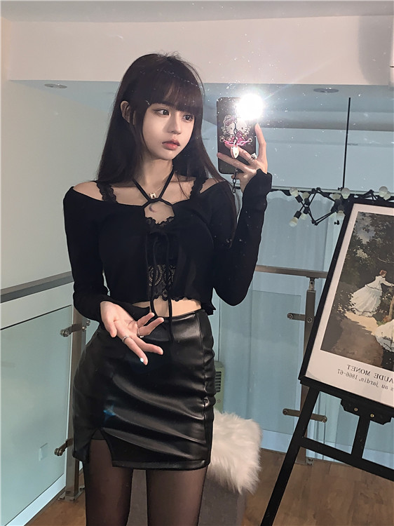 实拍 实价 复古酷酷绑带防晒开衫+叠穿蕾丝吊带+紧身性感开叉皮裙