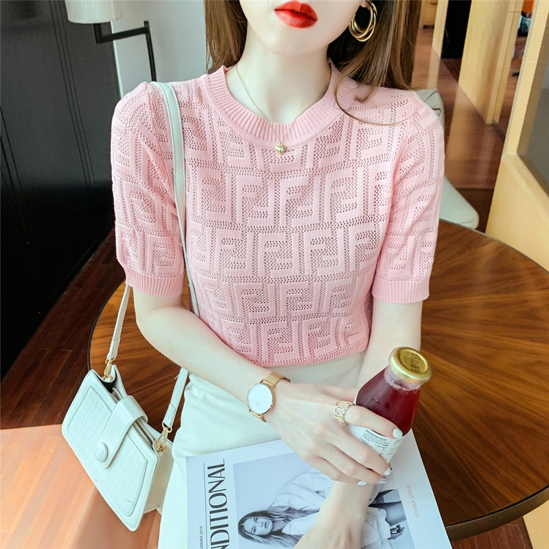 实拍针织短袖T恤女夏新款复古F字母提花冰丝薄款镂空减龄上衣女潮