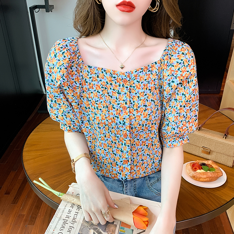 洋气小衫雪纺衫女复古一字领碎花时尚遮肚上衣2021夏季新短袖衬衫