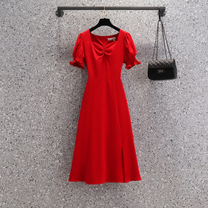MY2872#微胖mm红色连衣裙女夏装方领修身显瘦侧开叉气质中长裙