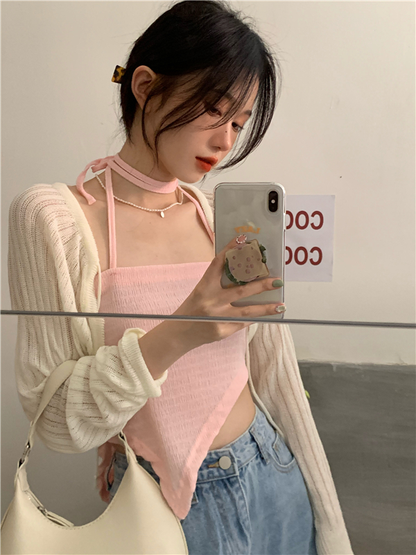 实拍实价 挂脖辣妹一字领褶皱短款吊带背心+防晒针织开衫外套